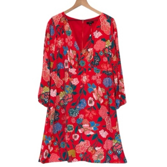NWT J. Crew Floral Red Dress, Short Length, Long Sleeve, V-Neck, Size 16, NEW - Picture 2 of 15